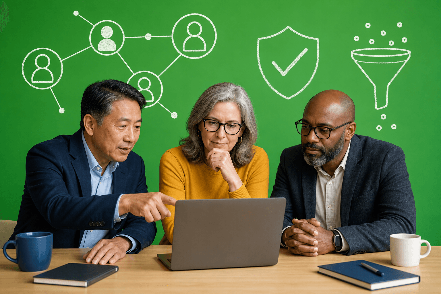 Three senior technology professionals evaluating a laptop beneath identity verification symbols