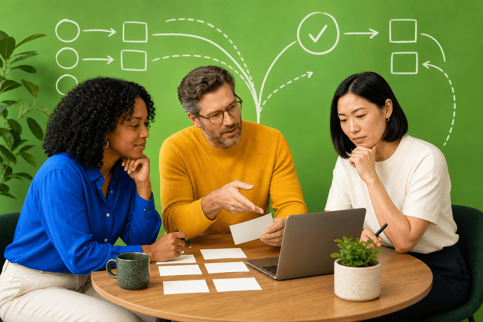 Three agency researchers comparing sample supplier options around a laptop