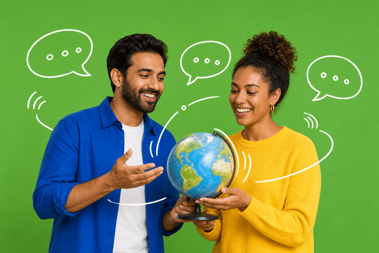 Two market researchers discussing global language coverage around a globe