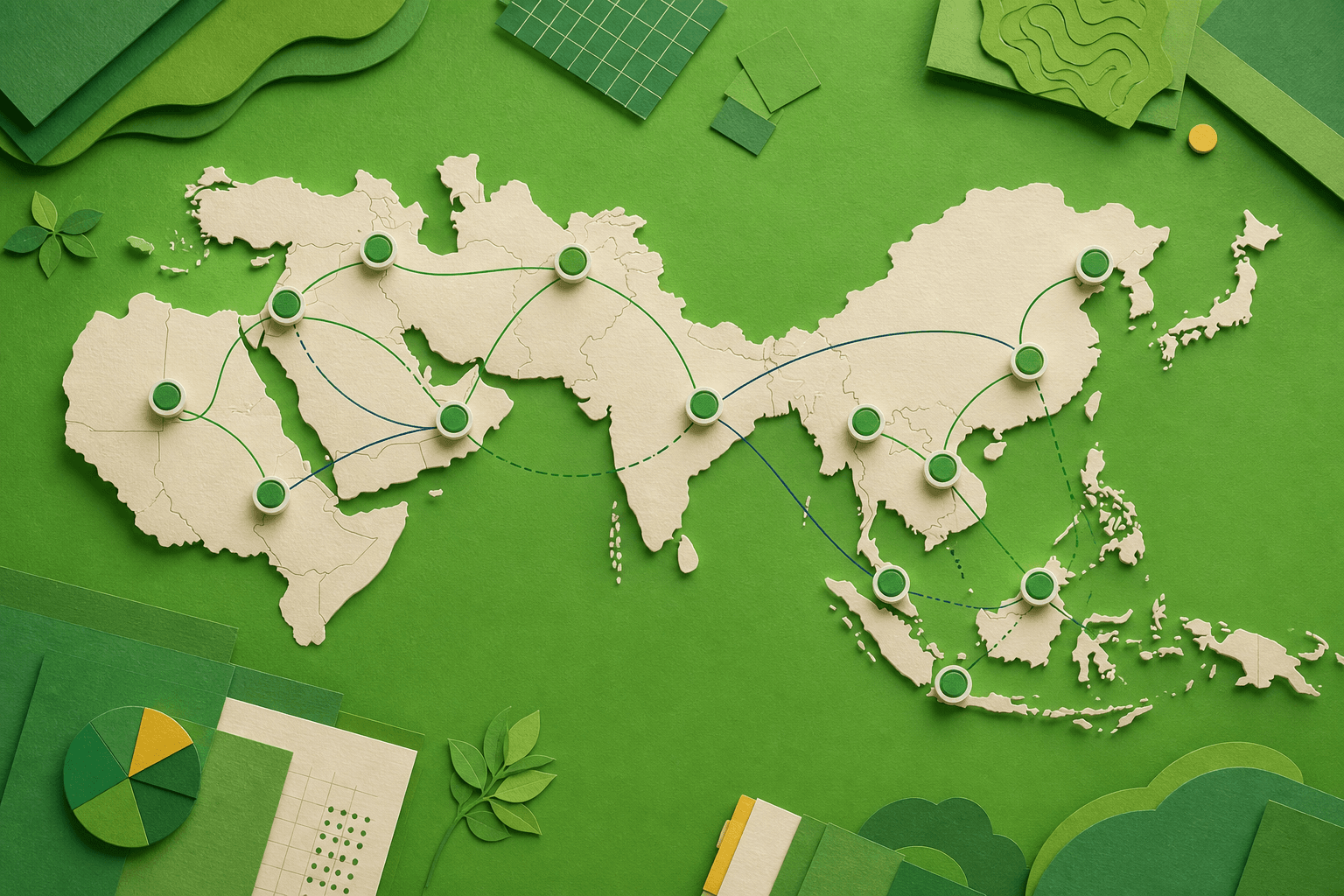 A paper map of APAC and MENA with twelve connected sample-market markers